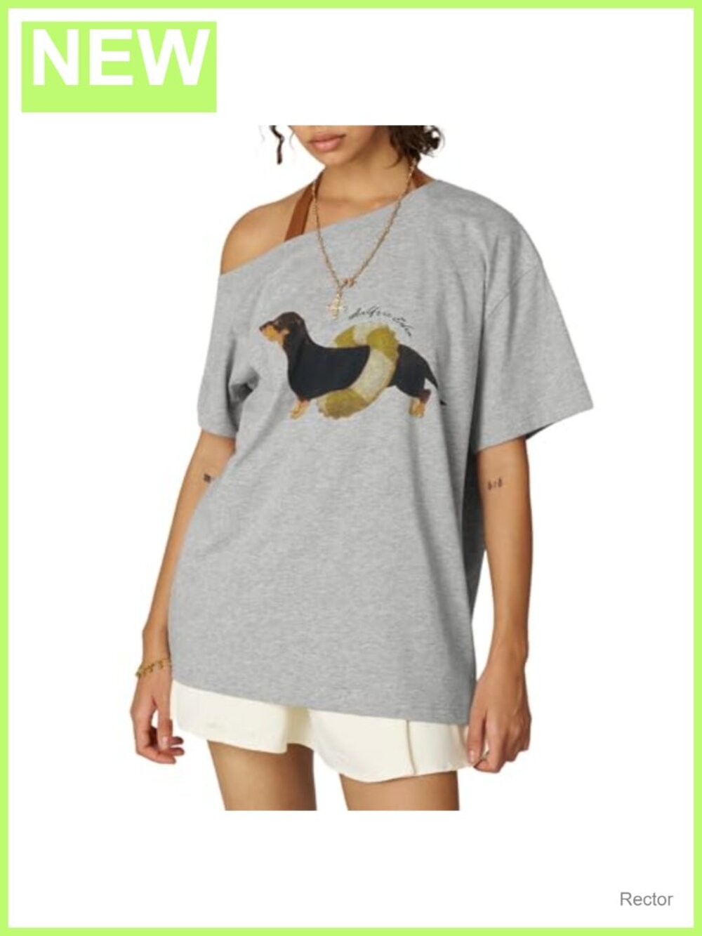 Off The Shoulder Dachshund Graphic T-Shirt Oversized Cotton Summer Tee